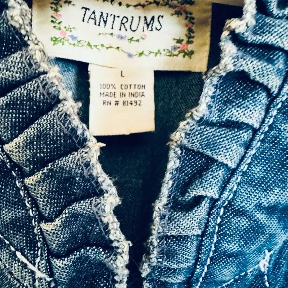 Vintage 90’s Tantrums Denim Ruffle Trim Open Front Lagenlook Boho Vest Women’s - Picture 10 of 11